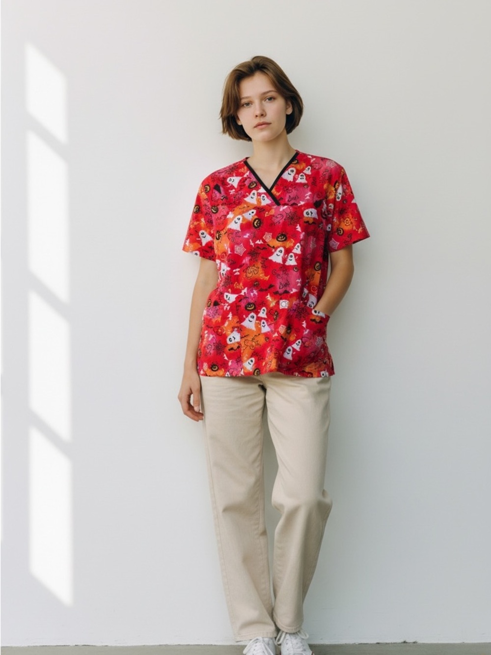 Peaches uniforms size xl ghost goblin themed scrubs top ptp 22”